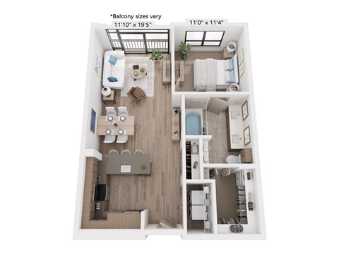 Floor plan for 1 bed, 1 bath, 792 sqft
